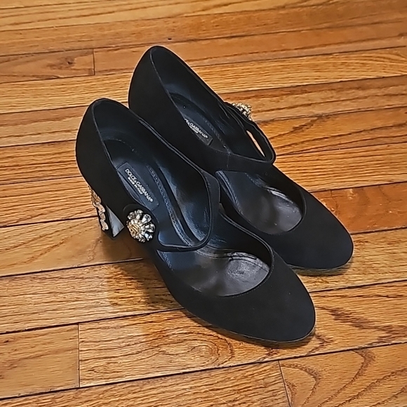 DOLCE & GABBANA Velvet Suede Crystal Embellishments Mary Jane Pumps  38.5 - Picture 6 of 16